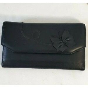 Buxton Black Leather Organizer Wallet Snap Coin Pocket Butterfly Accent EUC